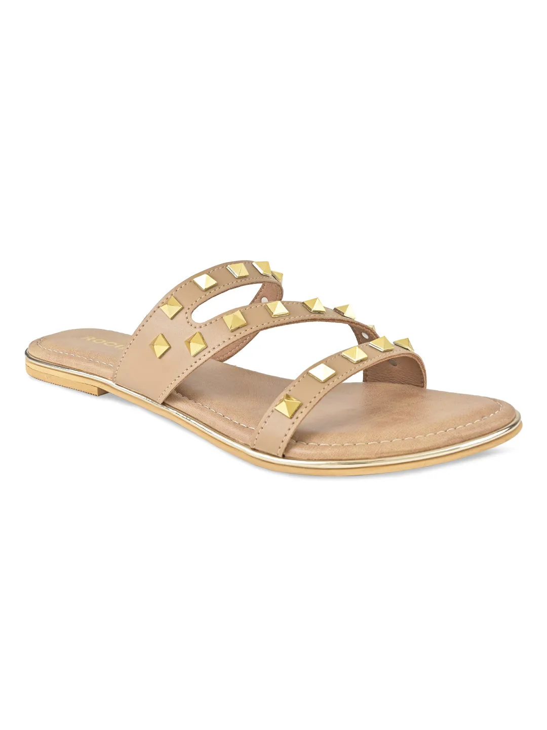 Beige Women Zig Zag Studded Flats