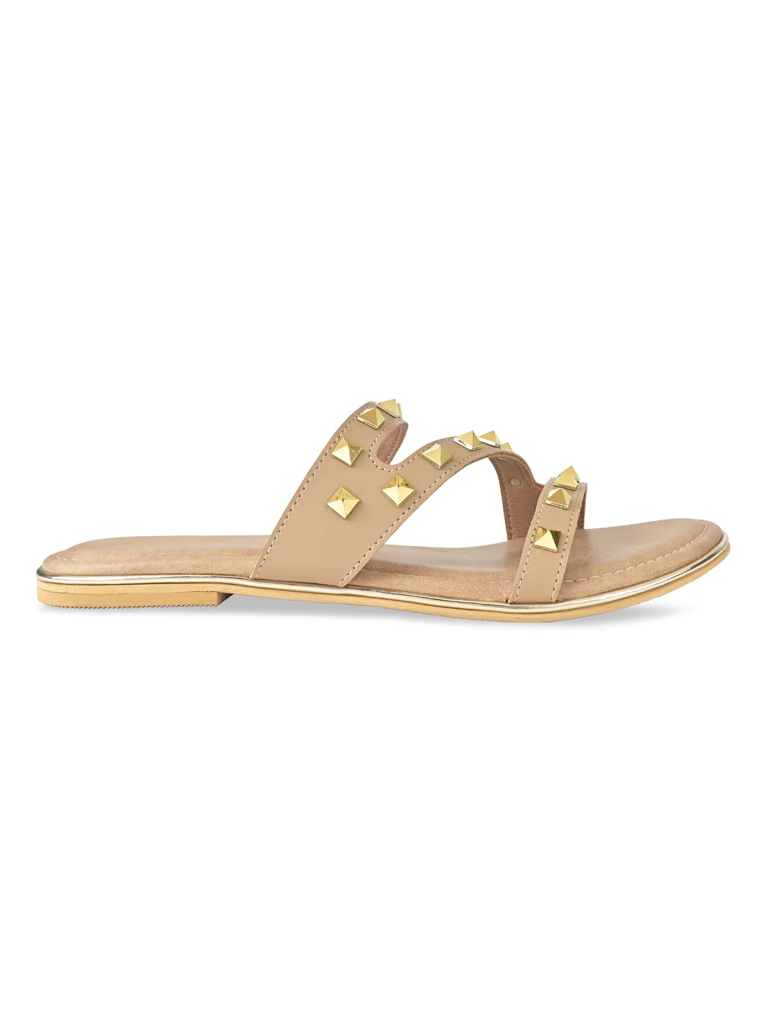 Beige Women Zig Zag Studded Flats
