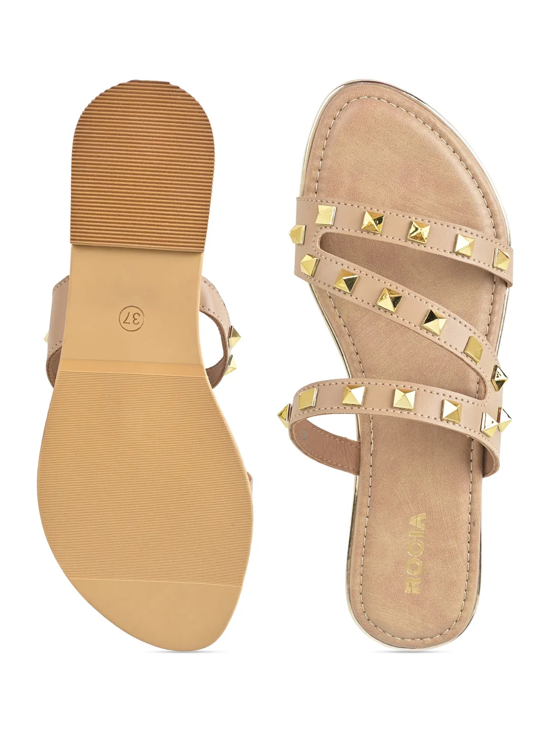 Beige Women Zig Zag Studded Flats