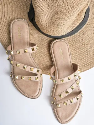 Beige Women Zig Zag Studded Flats