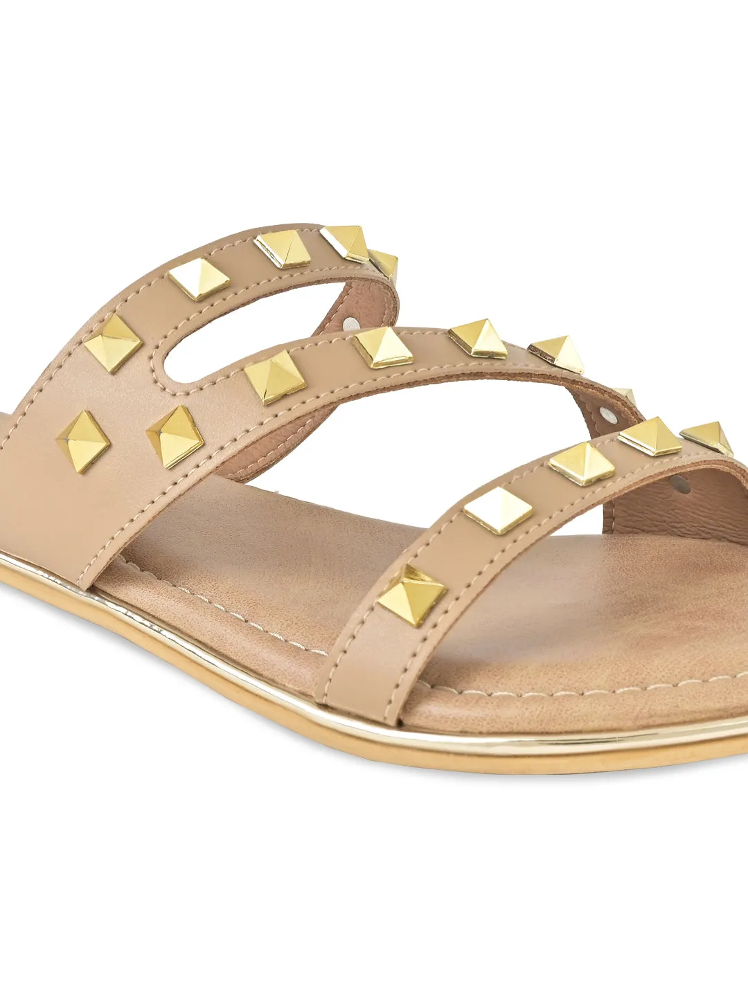 Beige Women Zig Zag Studded Flats