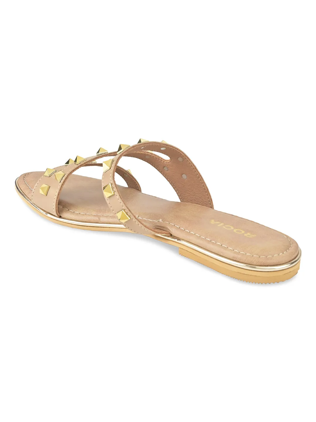 Beige Women Zig Zag Studded Flats