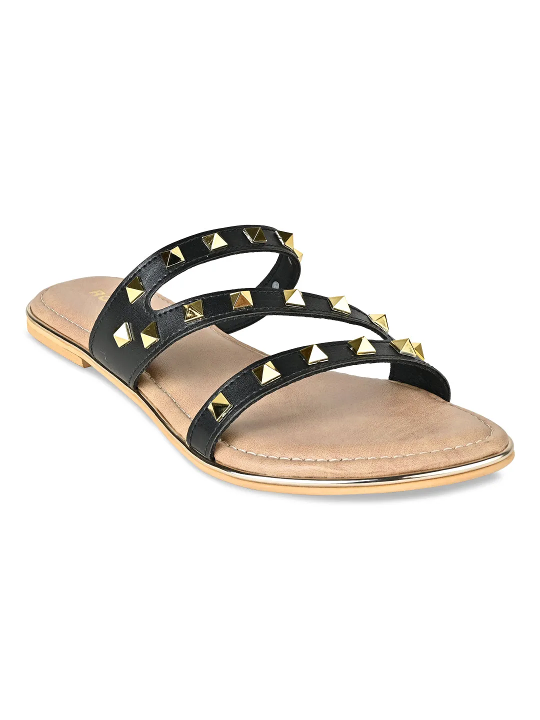 Black Women Zig Zag Studded Flats