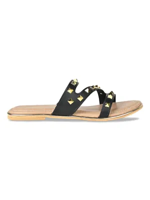 Black Women Zig Zag Studded Flats