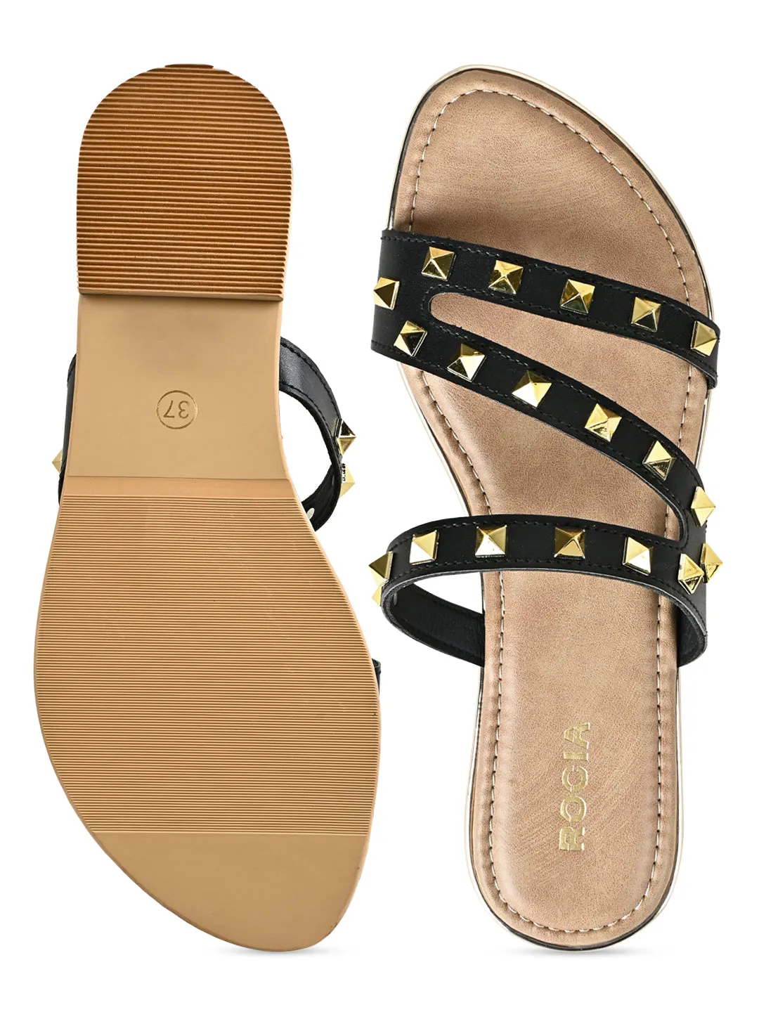 Black Women Zig Zag Studded Flats