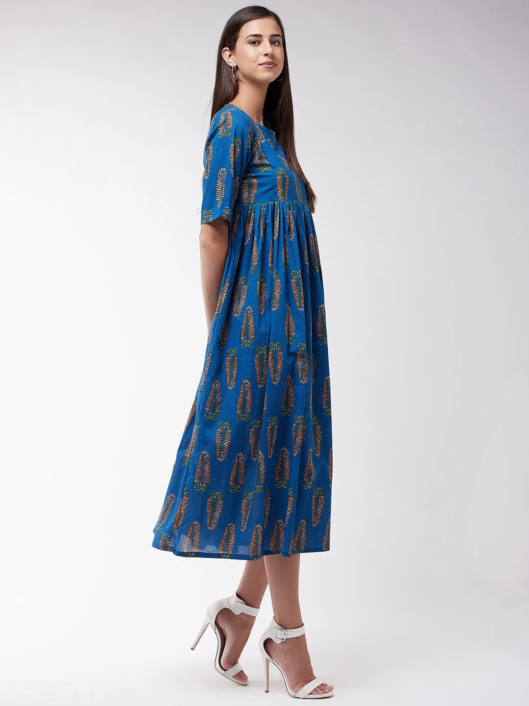 Blue Orange Leaf Anarkali Dress