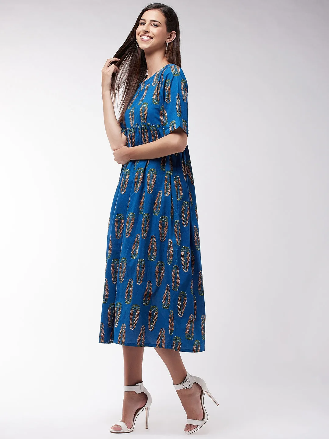 Blue Orange Leaf Anarkali Dress