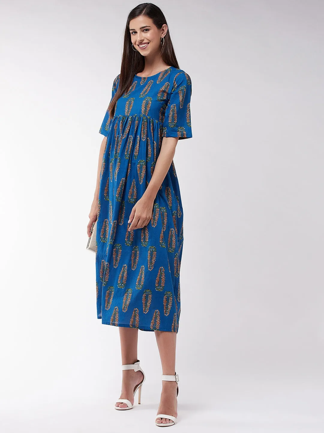 Blue Orange Leaf Anarkali Dress