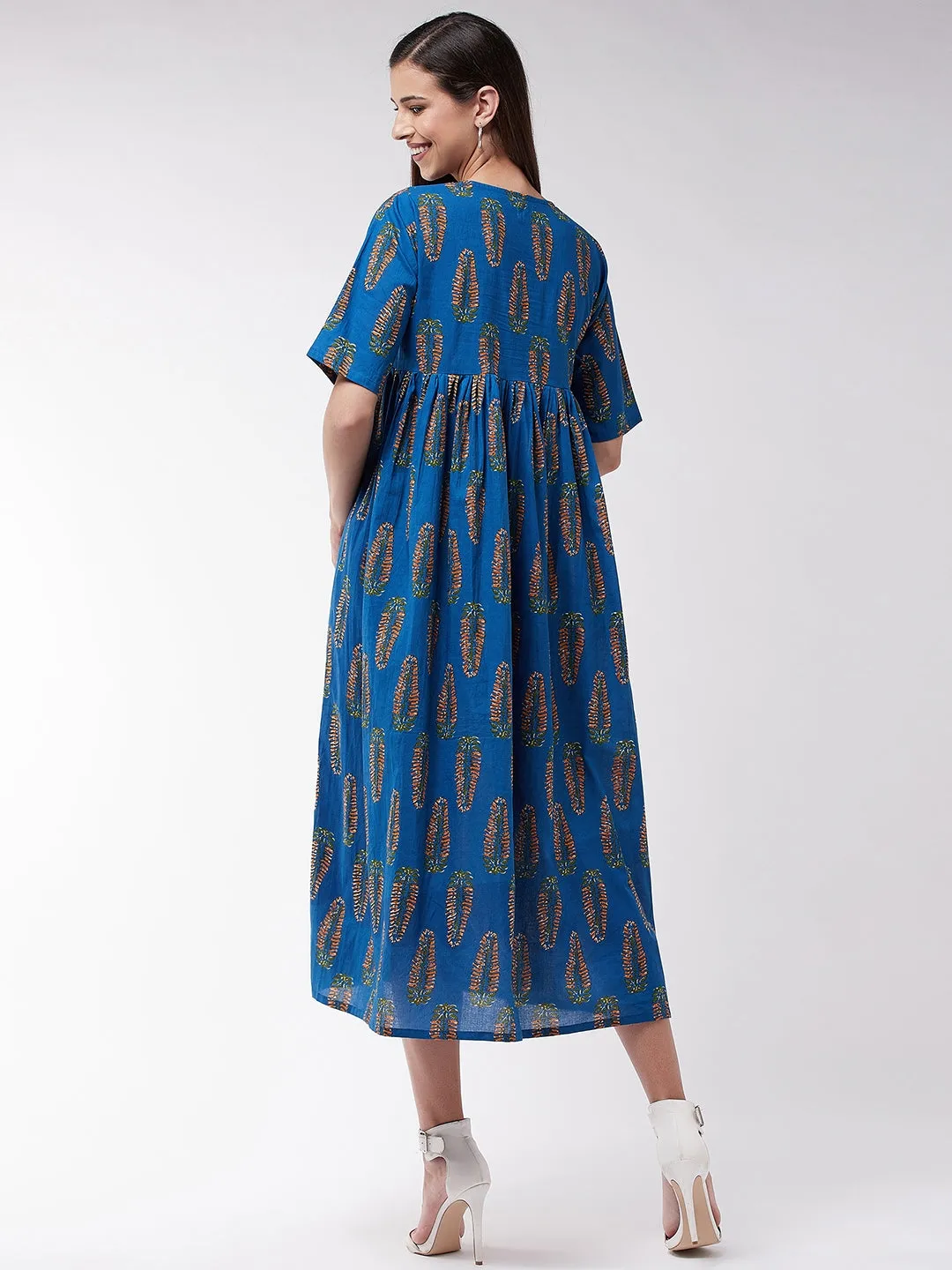Blue Orange Leaf Anarkali Dress