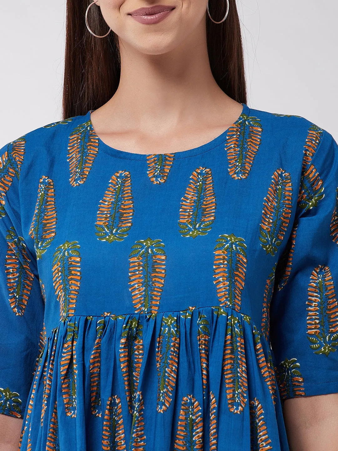 Blue Orange Leaf Anarkali Dress