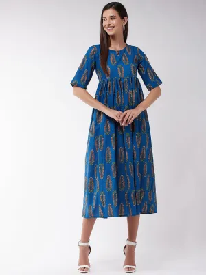 Blue Orange Leaf Anarkali Dress