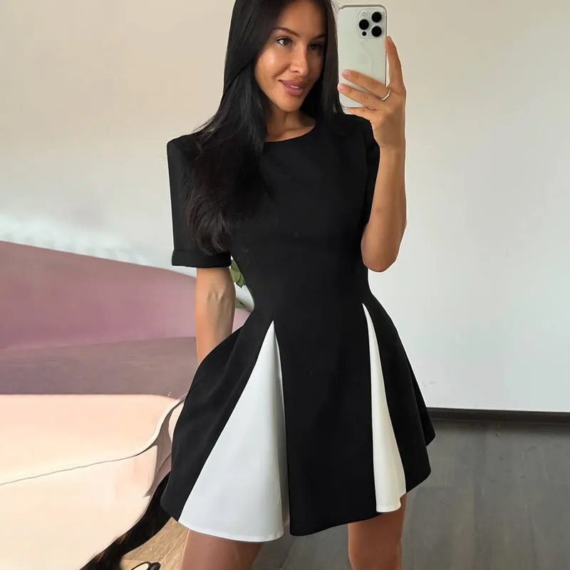 Classic Black and White Contrast Patchwork Short Sleeve Dress