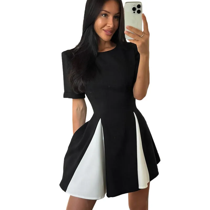 Classic Black and White Contrast Patchwork Short Sleeve Dress