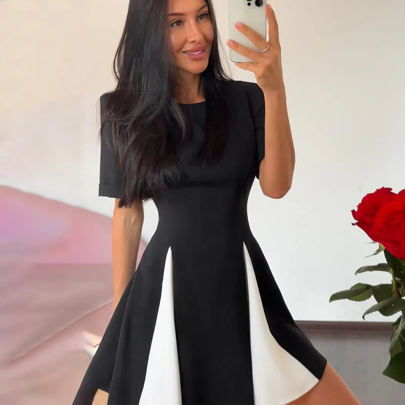 Classic Black and White Contrast Patchwork Short Sleeve Dress