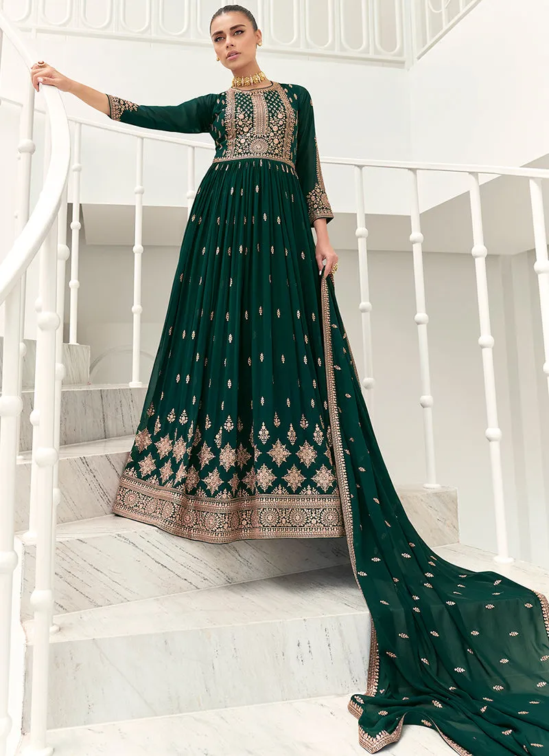 Dark Green Traditional Embroidery Anarkali Gown