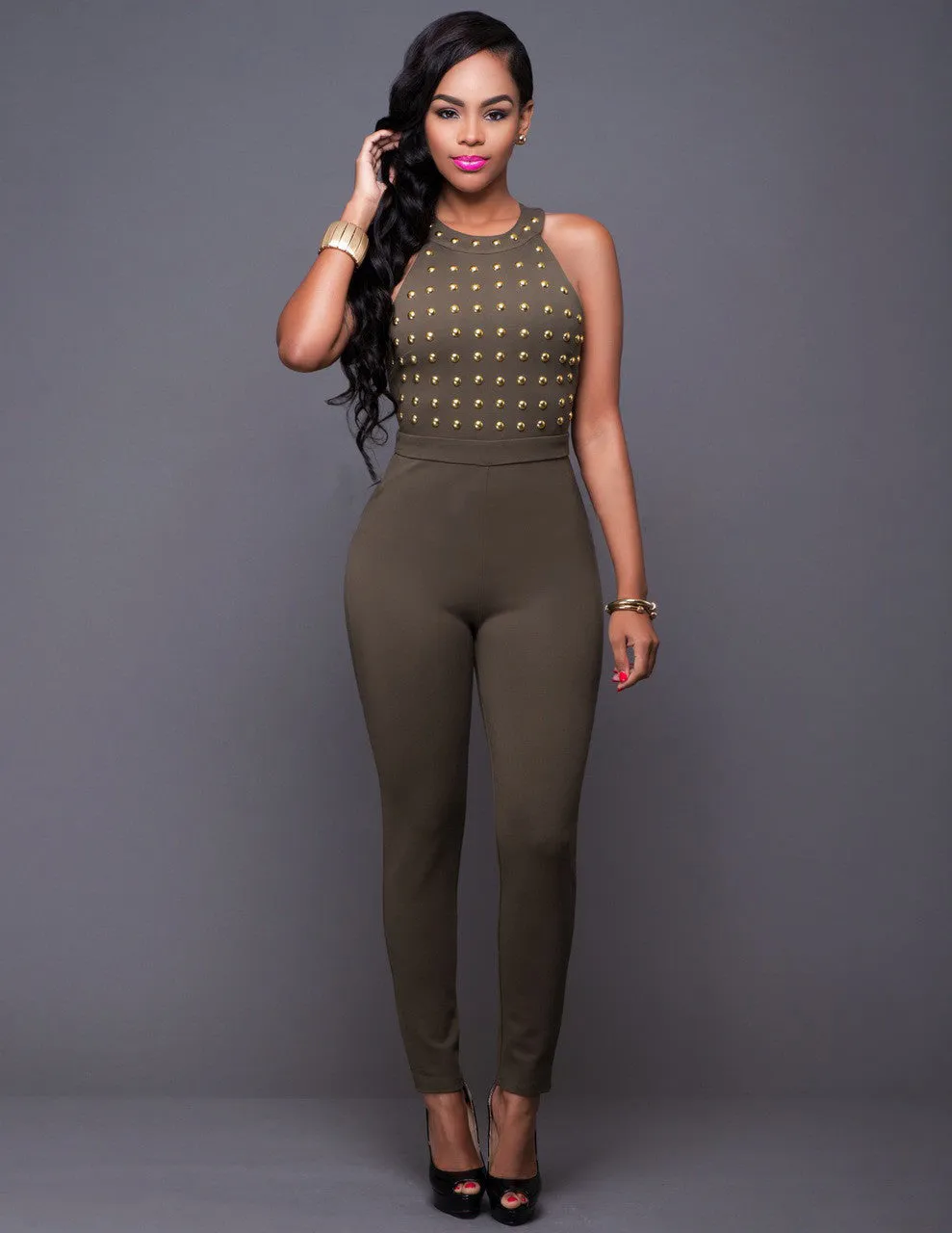 Diamonds Jumpsuit Bodysuit O-neck Sleeveless Bodycon