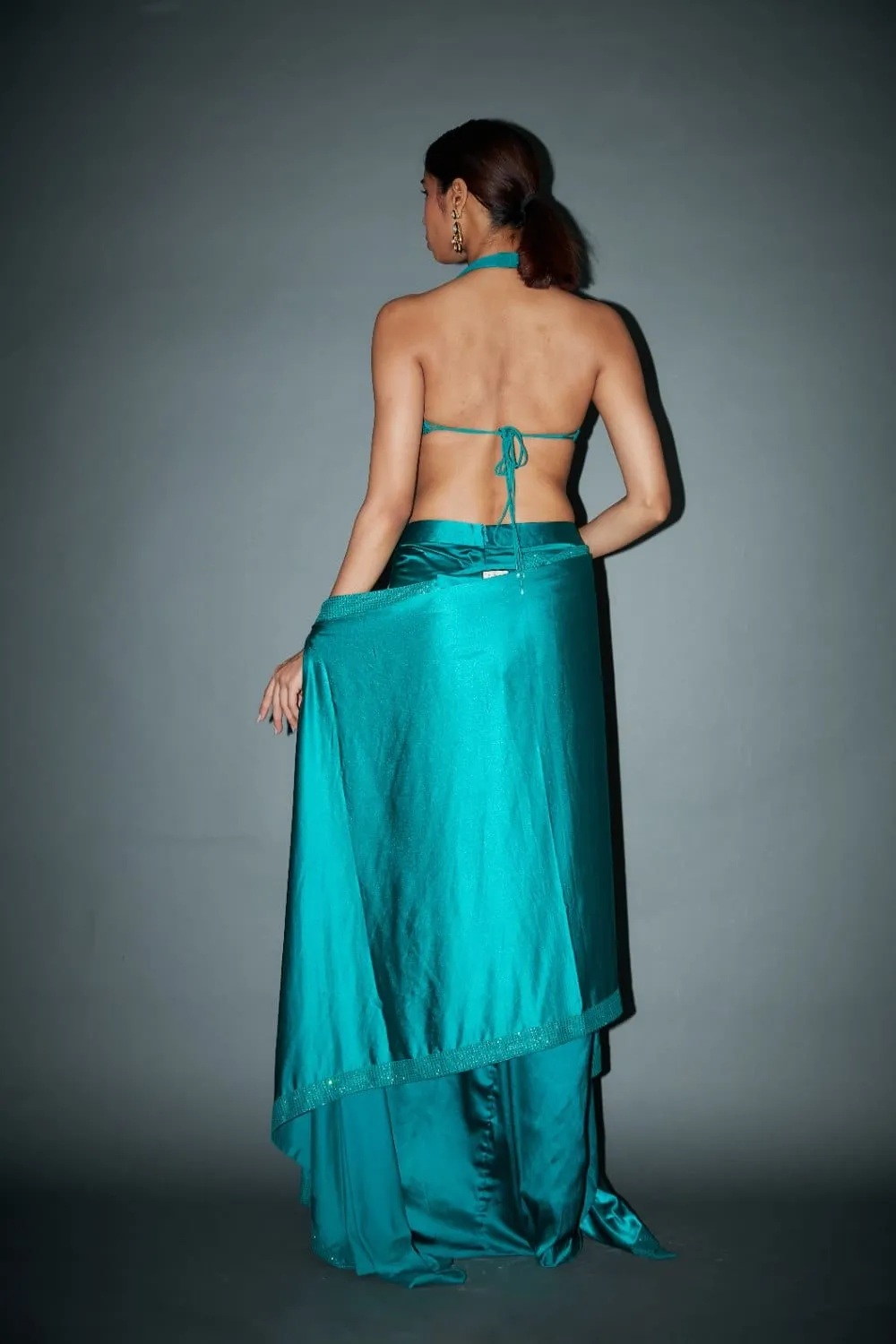 Emerald Green Satin Draped Skirt Set