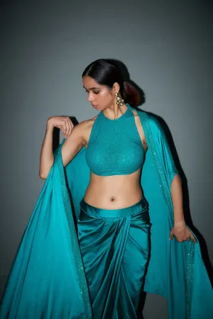 Emerald Green Satin Draped Skirt Set