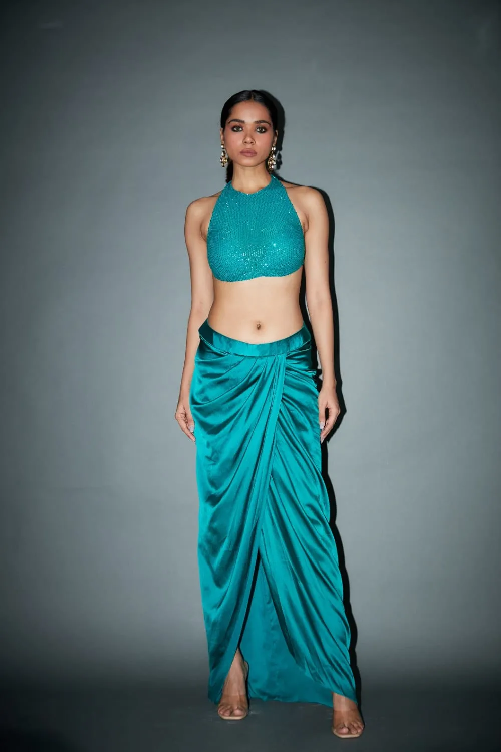 Emerald Green Satin Draped Skirt Set