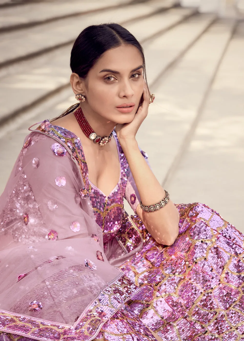 “Exclusive Offer” : VIVID PURPLE HEAVY DESIGNER SEQUINS WORK LEHENGA WITH SOFT NET DUPATTA