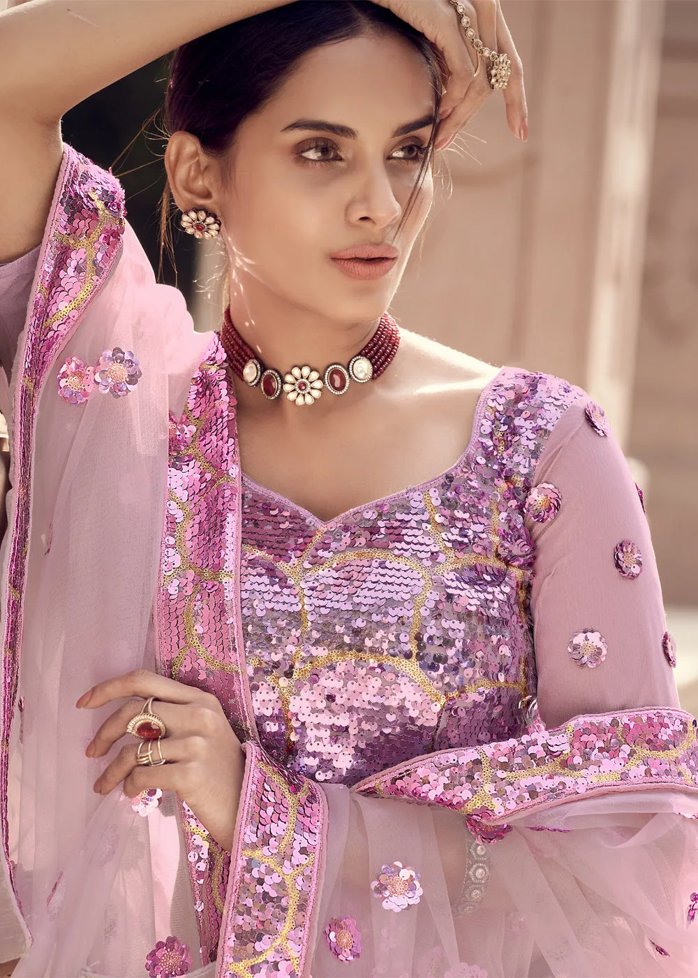“Exclusive Offer” : VIVID PURPLE HEAVY DESIGNER SEQUINS WORK LEHENGA WITH SOFT NET DUPATTA