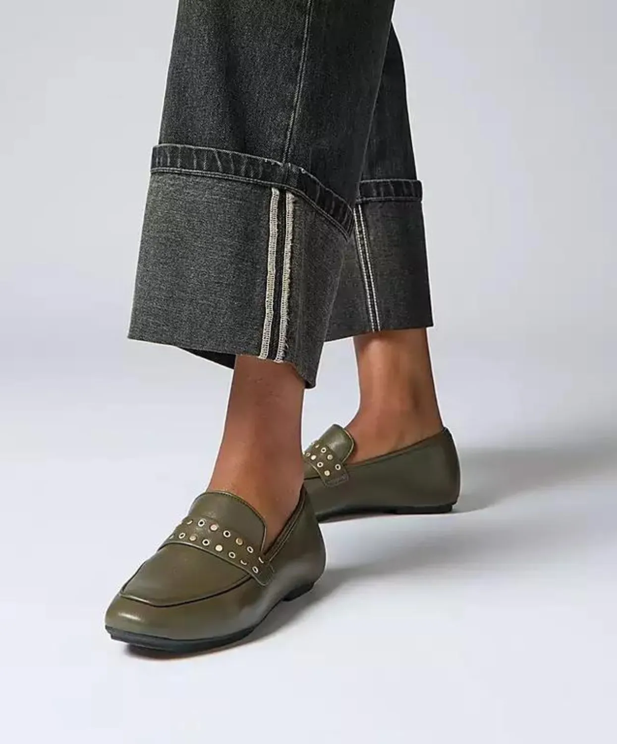 Fitflop Delicato Stud/Eyelet Soft Leather Loafer Deep Olive