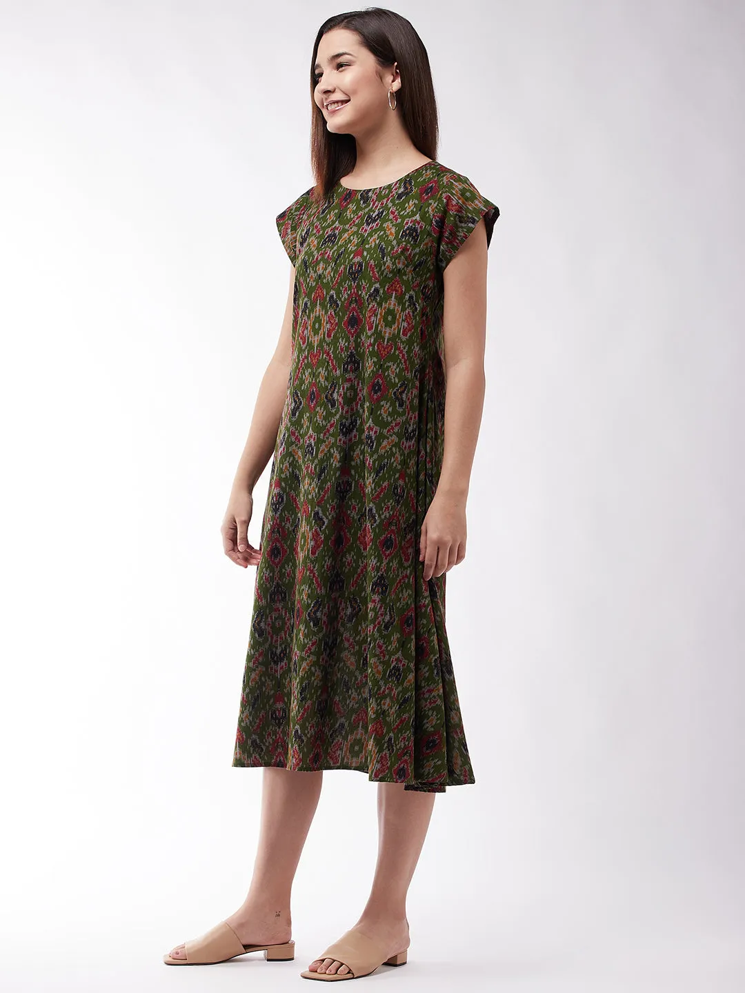 Green A- Line Ikkat Dress