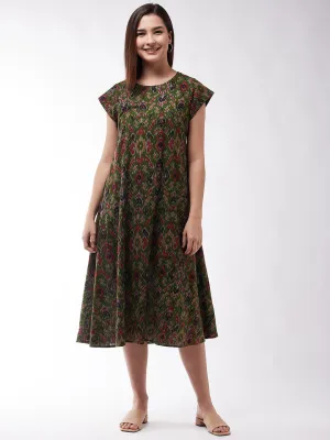 Green A- Line Ikkat Dress