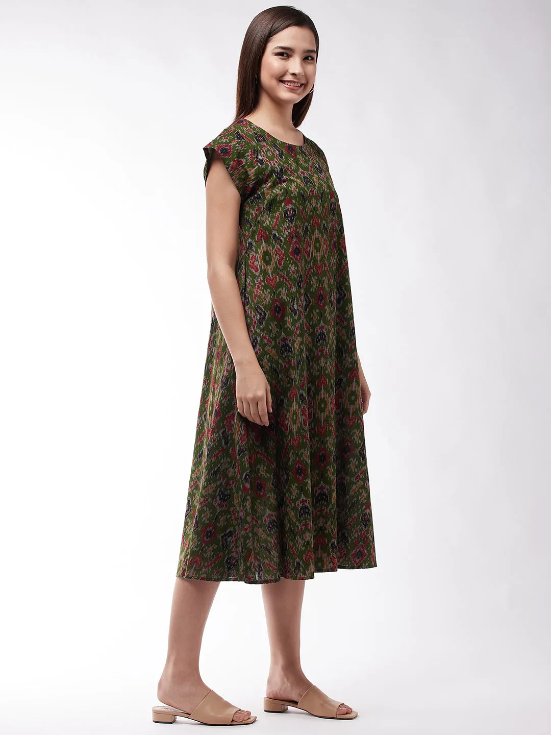 Green A- Line Ikkat Dress
