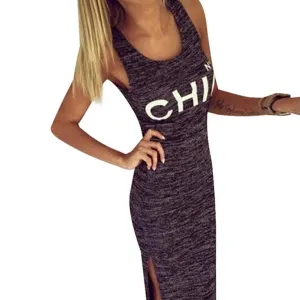 Letter Print Sexy Women Dresses Fashion Summer Grey Long Dress Solid Sleeveless Lady Dress Girls Vestidos #LSW3