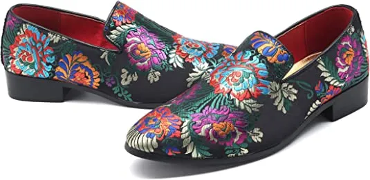 Men's Floral Smoking Loafers Black Red