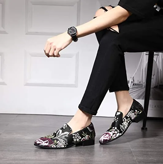 Men's Floral Smoking Loafers Black Red