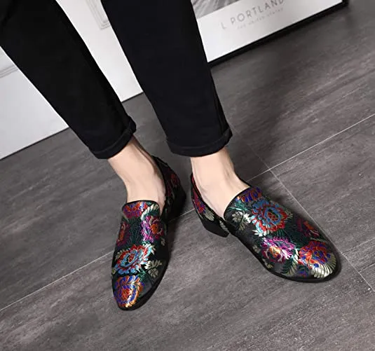 Men's Floral Smoking Loafers Black Red
