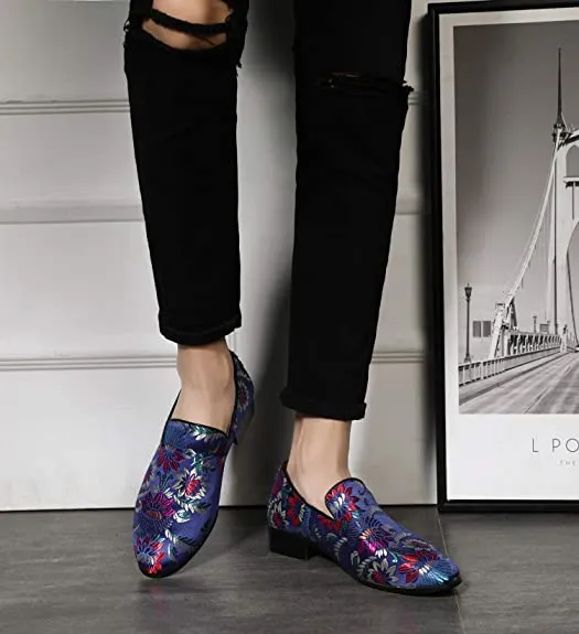 Men's Floral Smoking Loafers Black Red