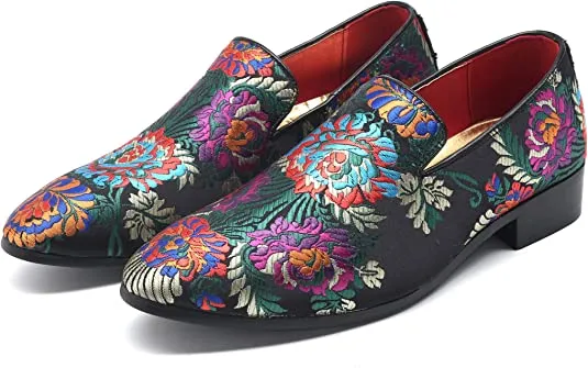 Men's Floral Smoking Loafers Black Red