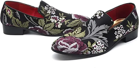 Men's Floral Smoking Loafers Black Red
