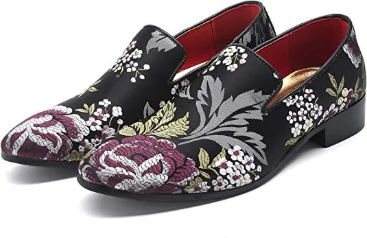 Men's Floral Smoking Loafers Black Red