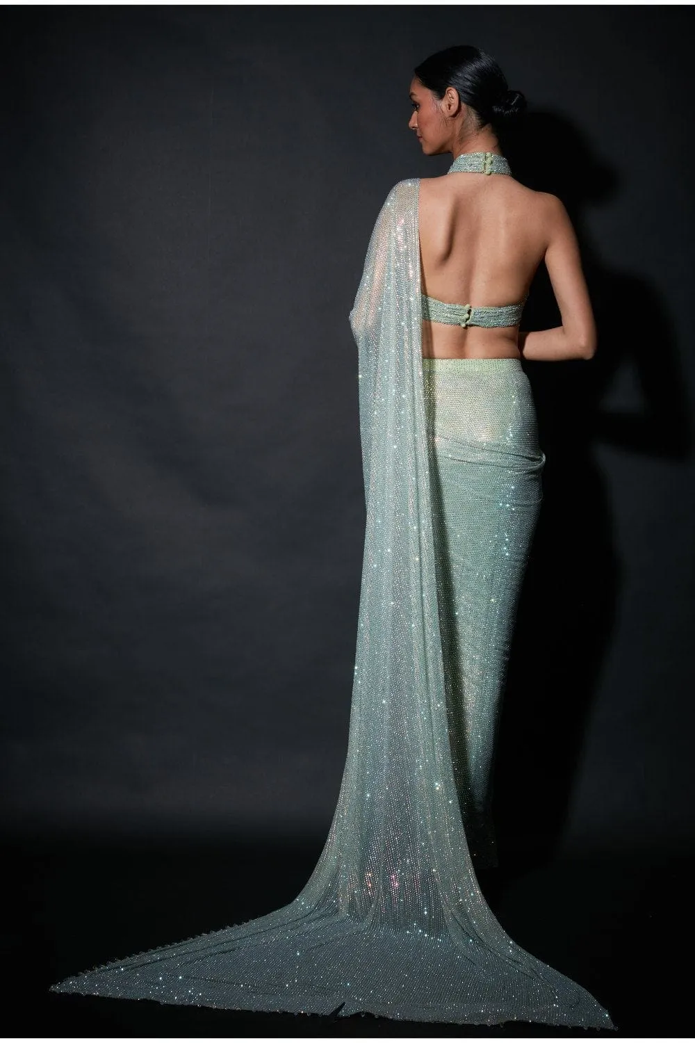 Mint Green Net Pre-Draped Saree Set