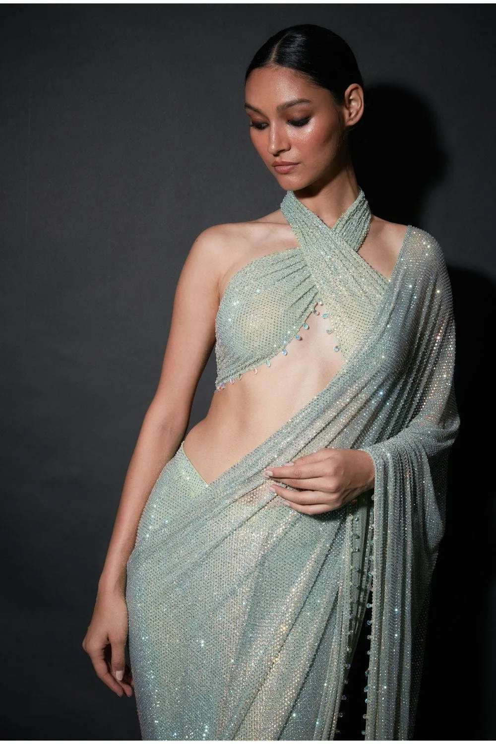 Mint Green Net Pre-Draped Saree Set