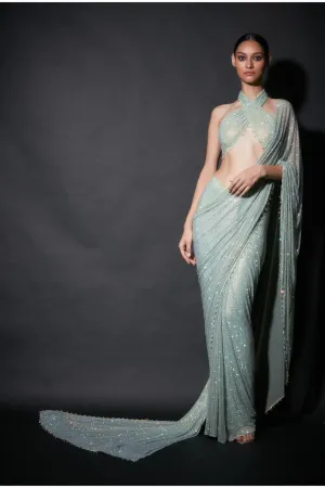 Mint Green Net Pre-Draped Saree Set