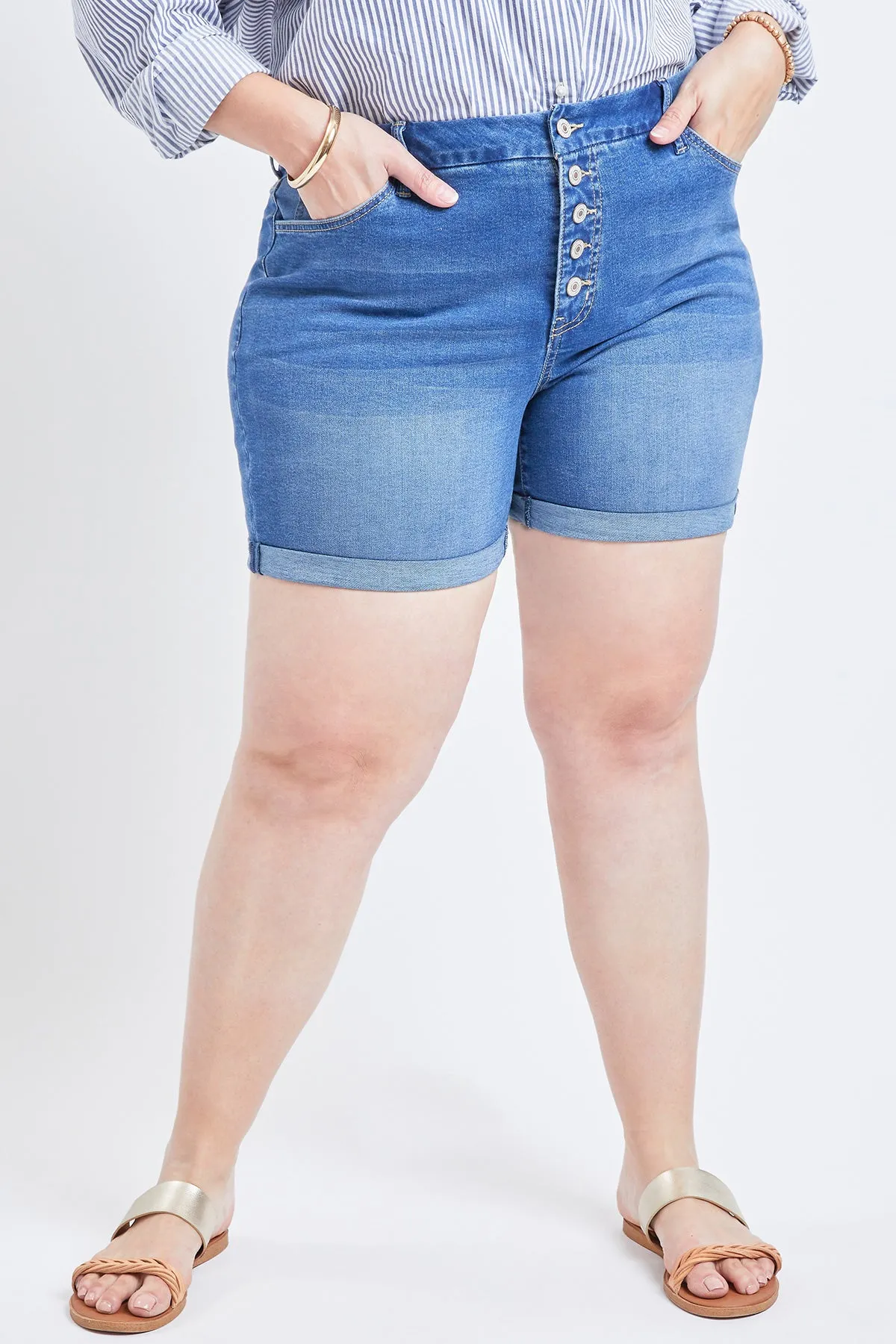 Missy Plus Size Curvy Exposed Button Fly Cuffed Shorts, Pack Of 12