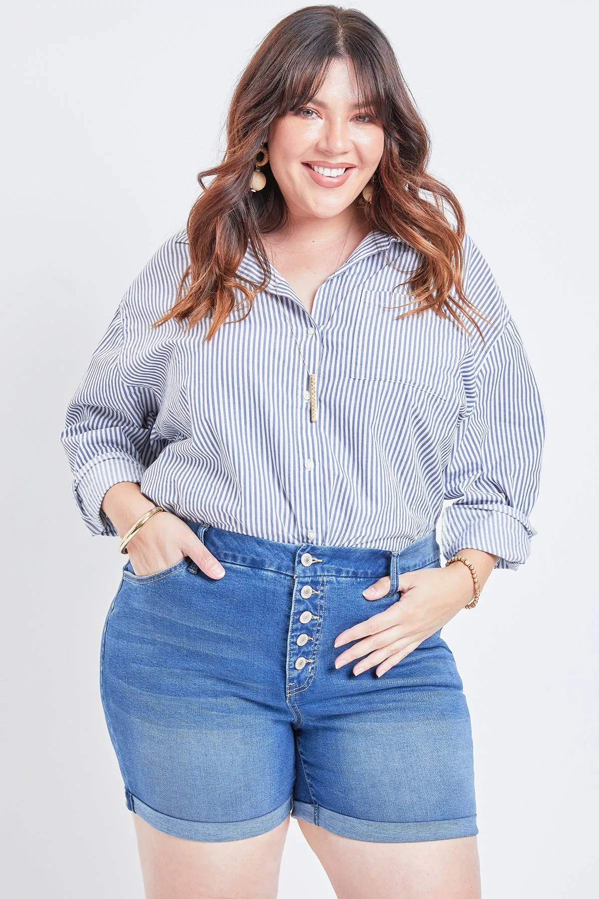 Missy Plus Size Curvy Exposed Button Fly Cuffed Shorts, Pack Of 12