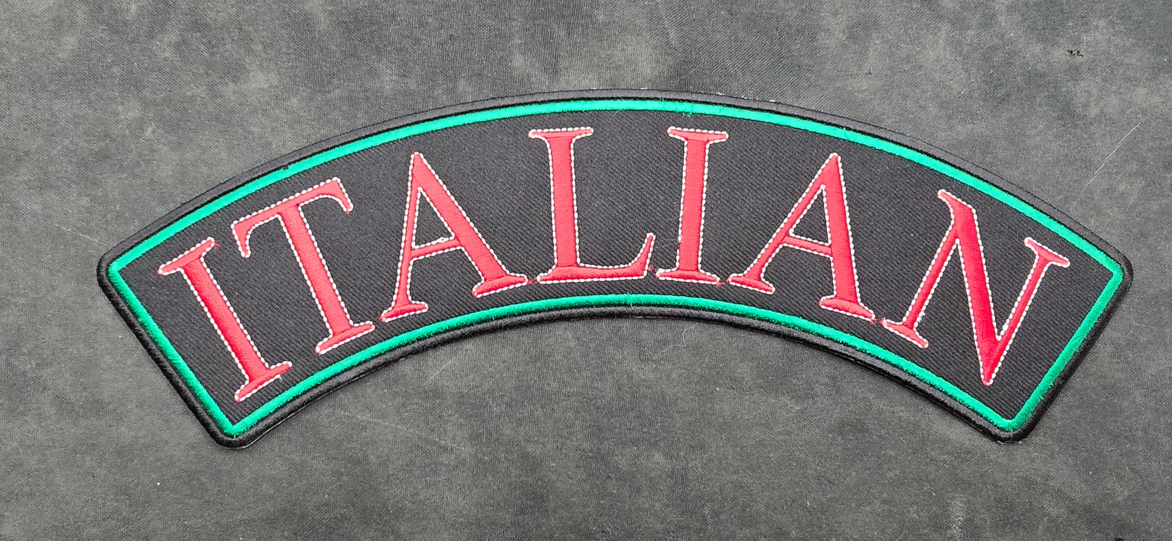 ML189411 ITALIAN Black Red and Green Top Rocker Embroidered Patch 12"X4"
