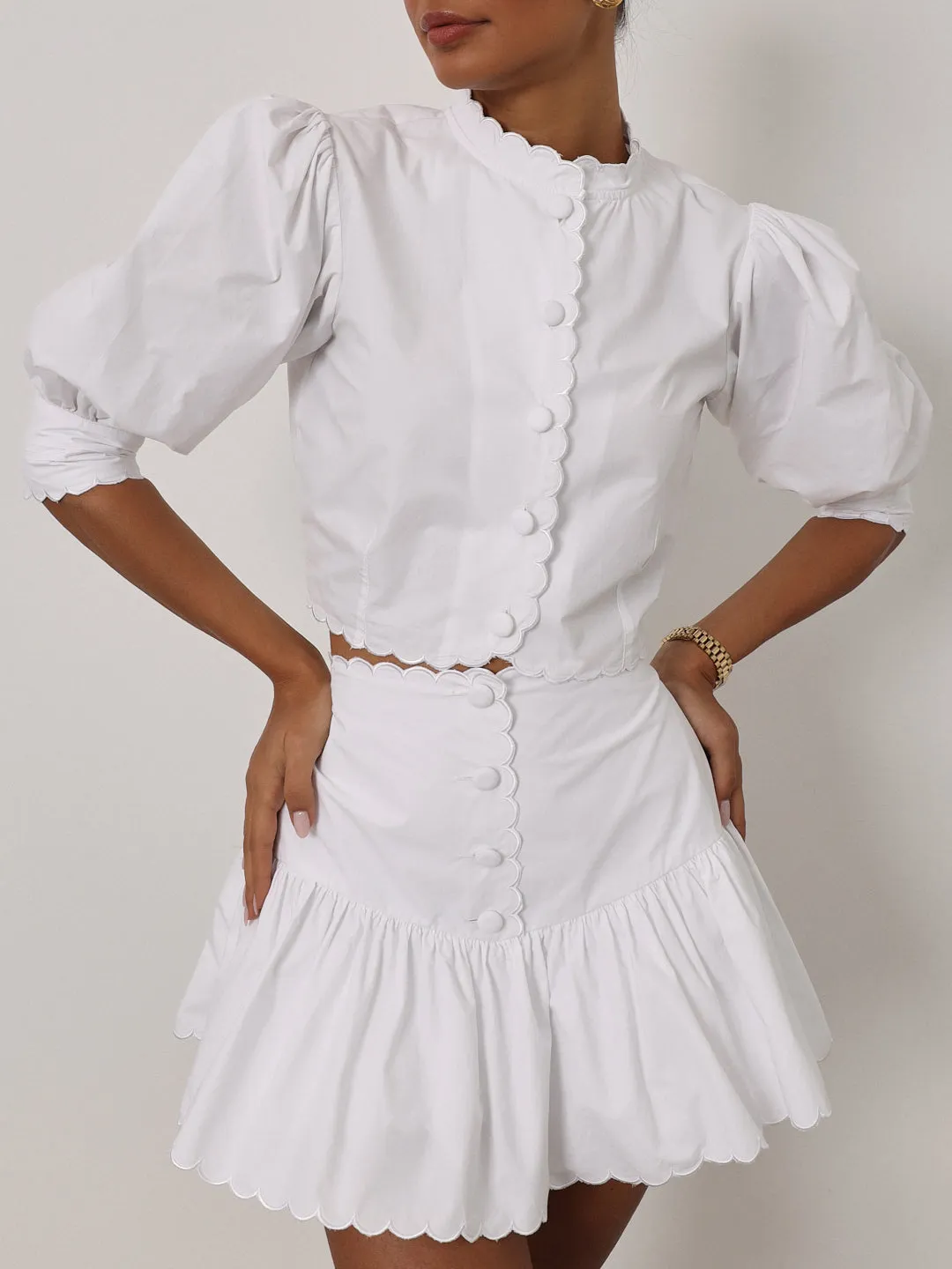 Paulette Scalloped Cotton Skort | White
