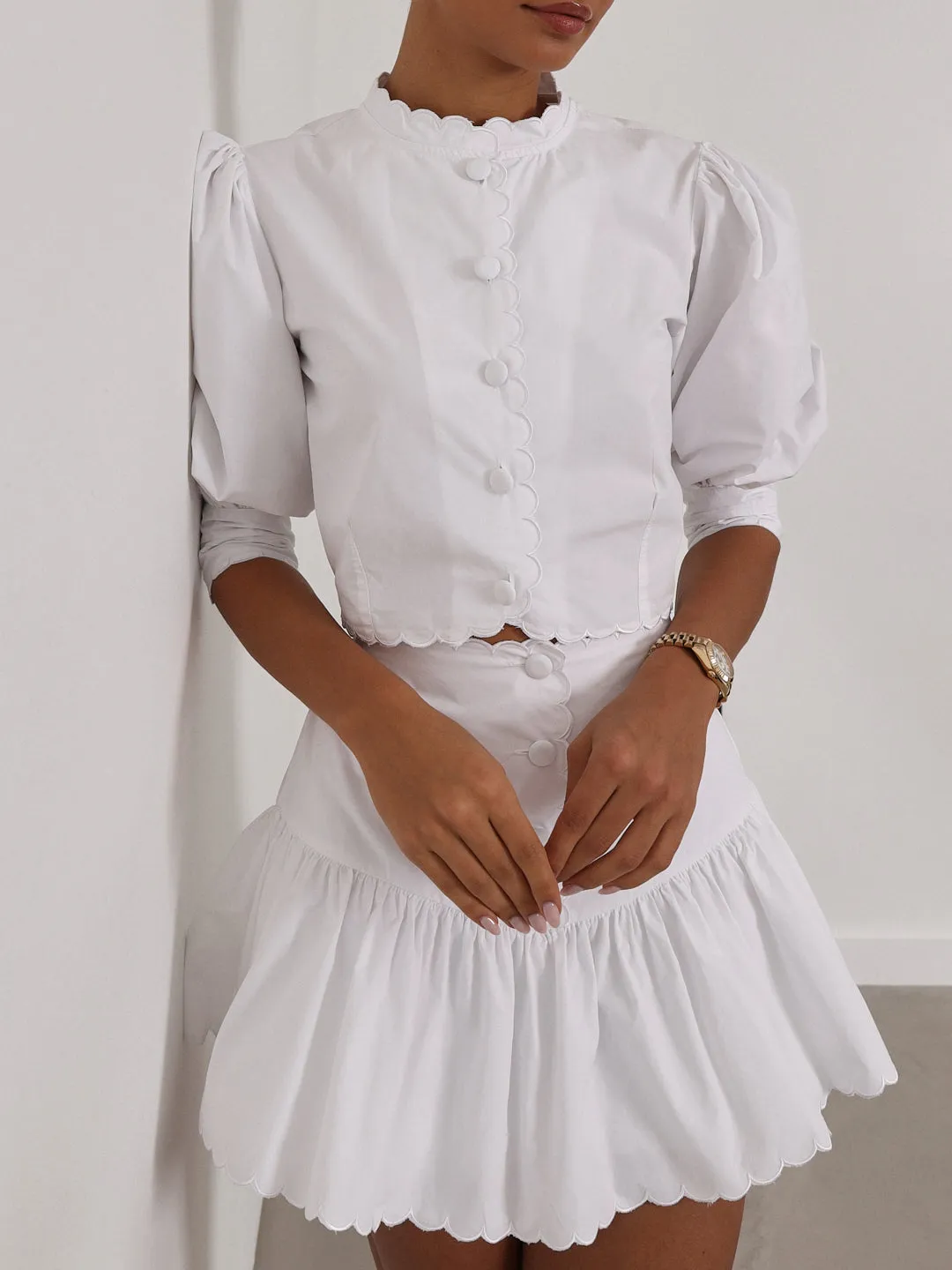 Paulette Scalloped Cotton Skort | White
