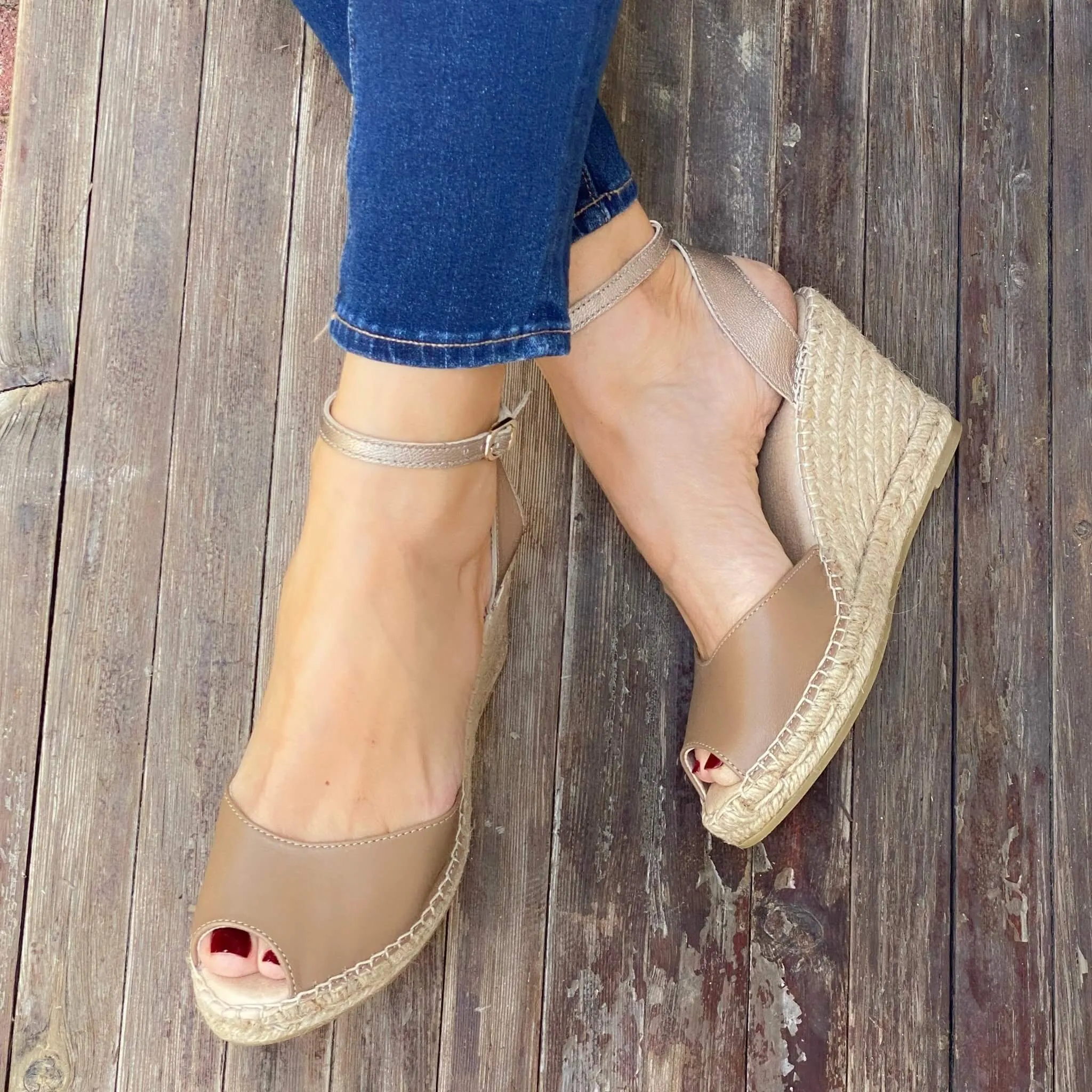 Peep Toe Espadrille Wedge in Bronzed Mocha