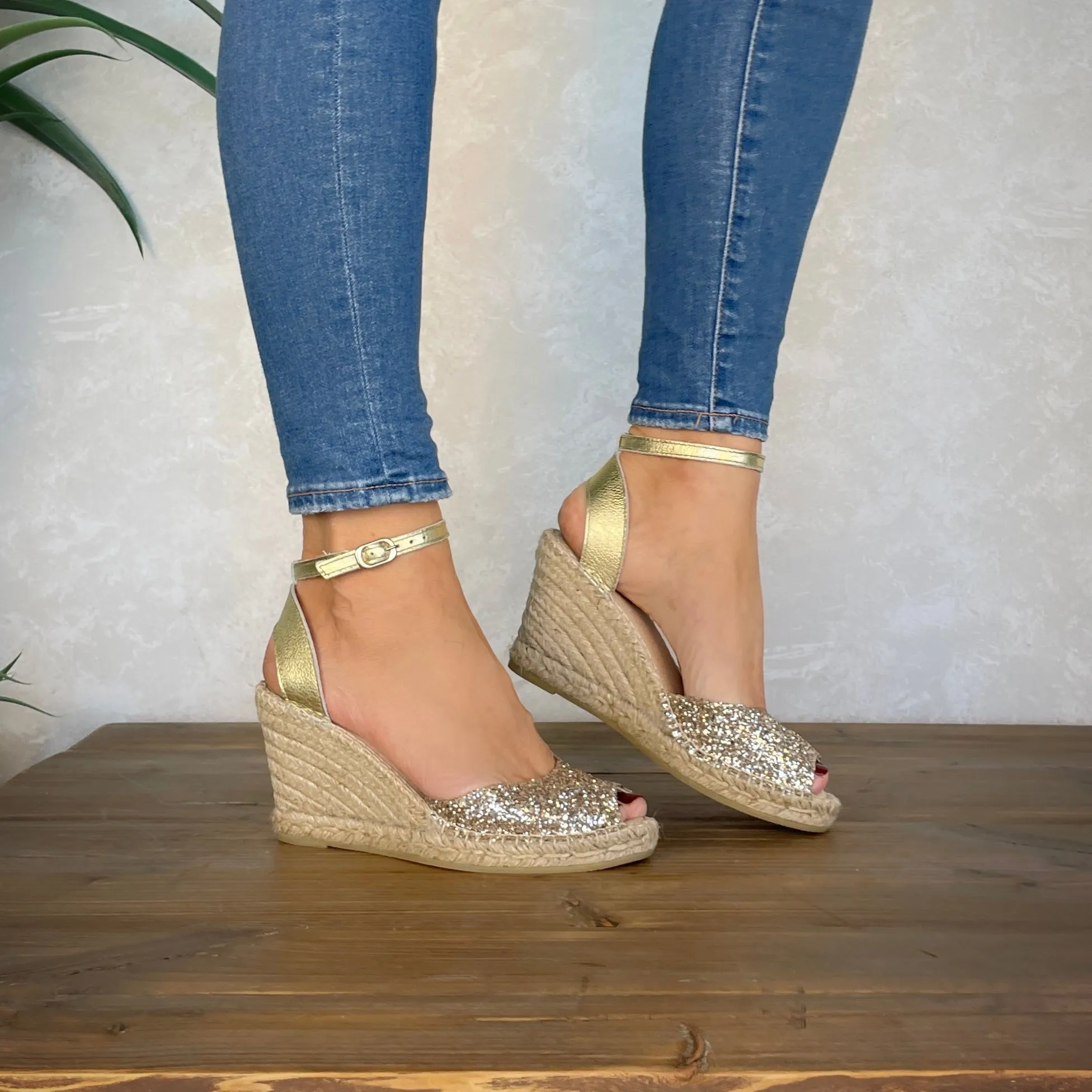 Peep Toe Espadrille Wedge in Champagne Glitter