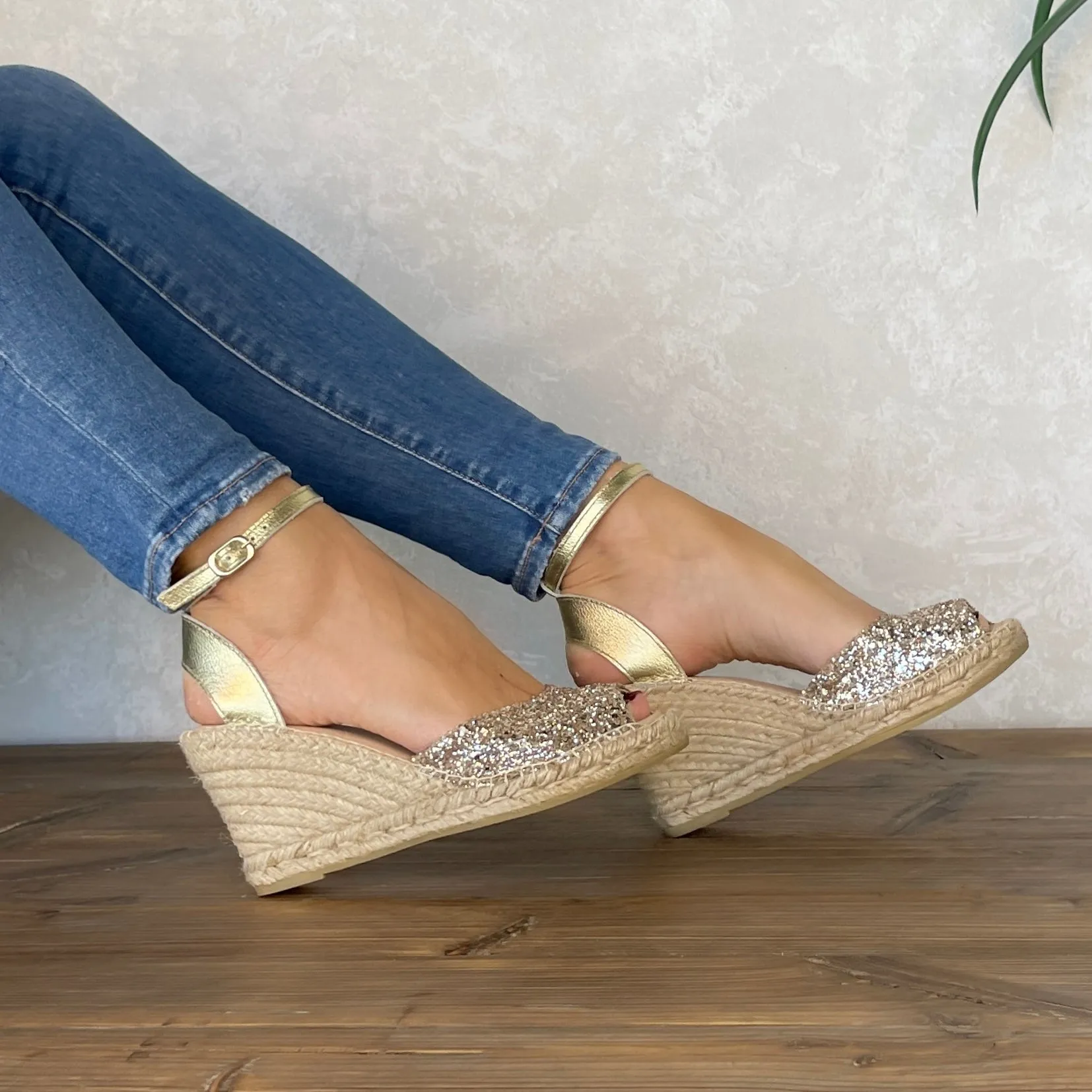 Peep Toe Espadrille Wedge in Champagne Glitter