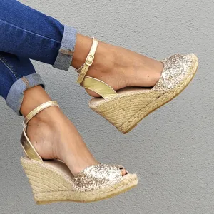 Peep Toe Espadrille Wedge in Champagne Glitter