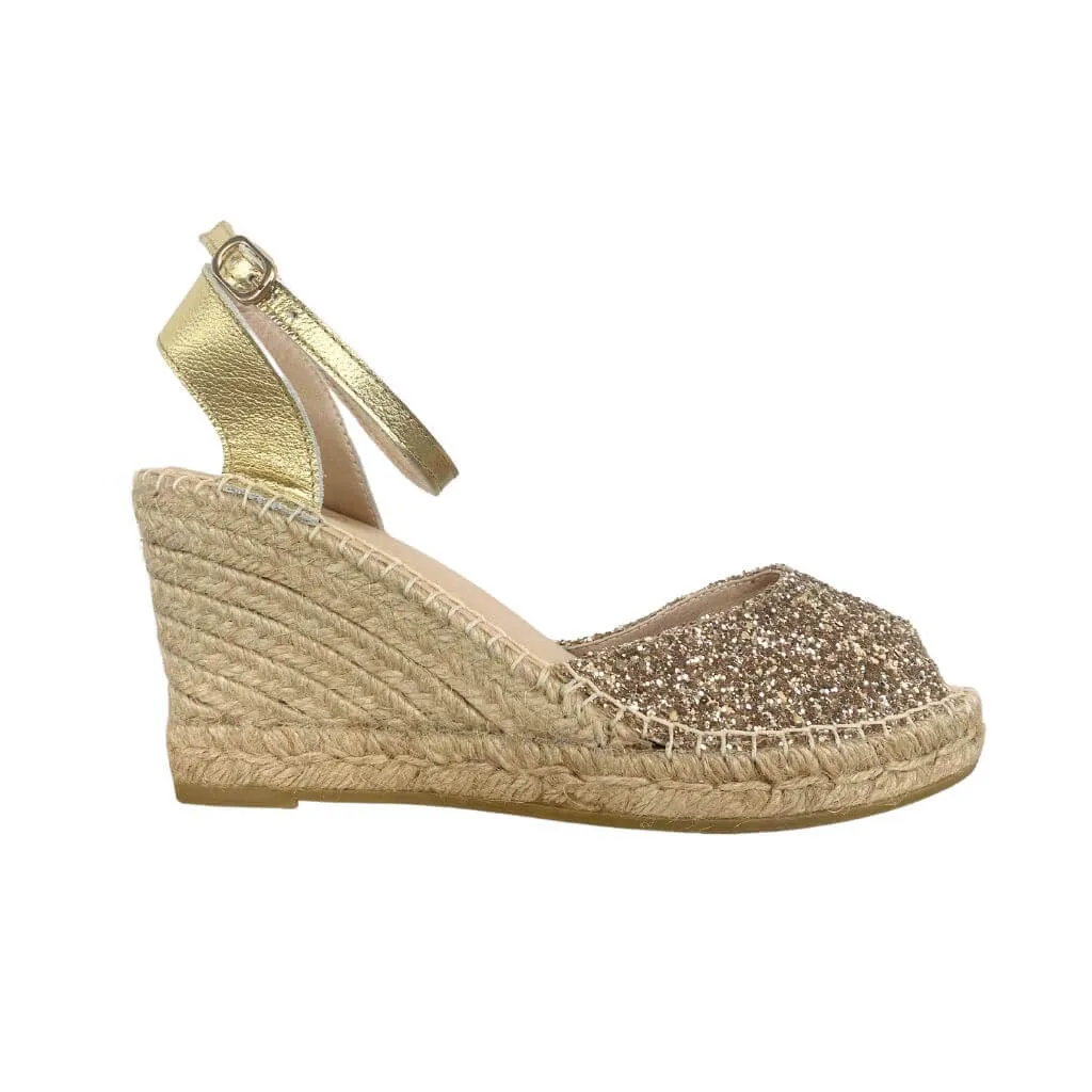 Peep Toe Espadrille Wedge in Champagne Glitter